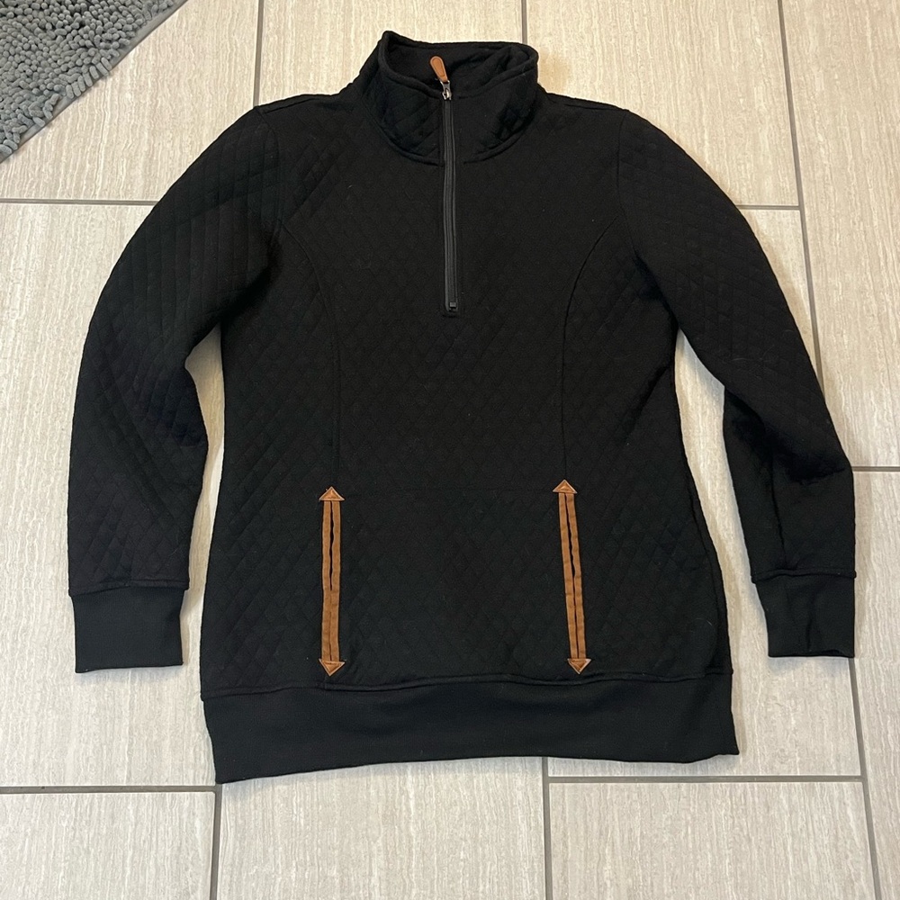 Black Quilted Half-Zip Pullover with Brown Trim XL